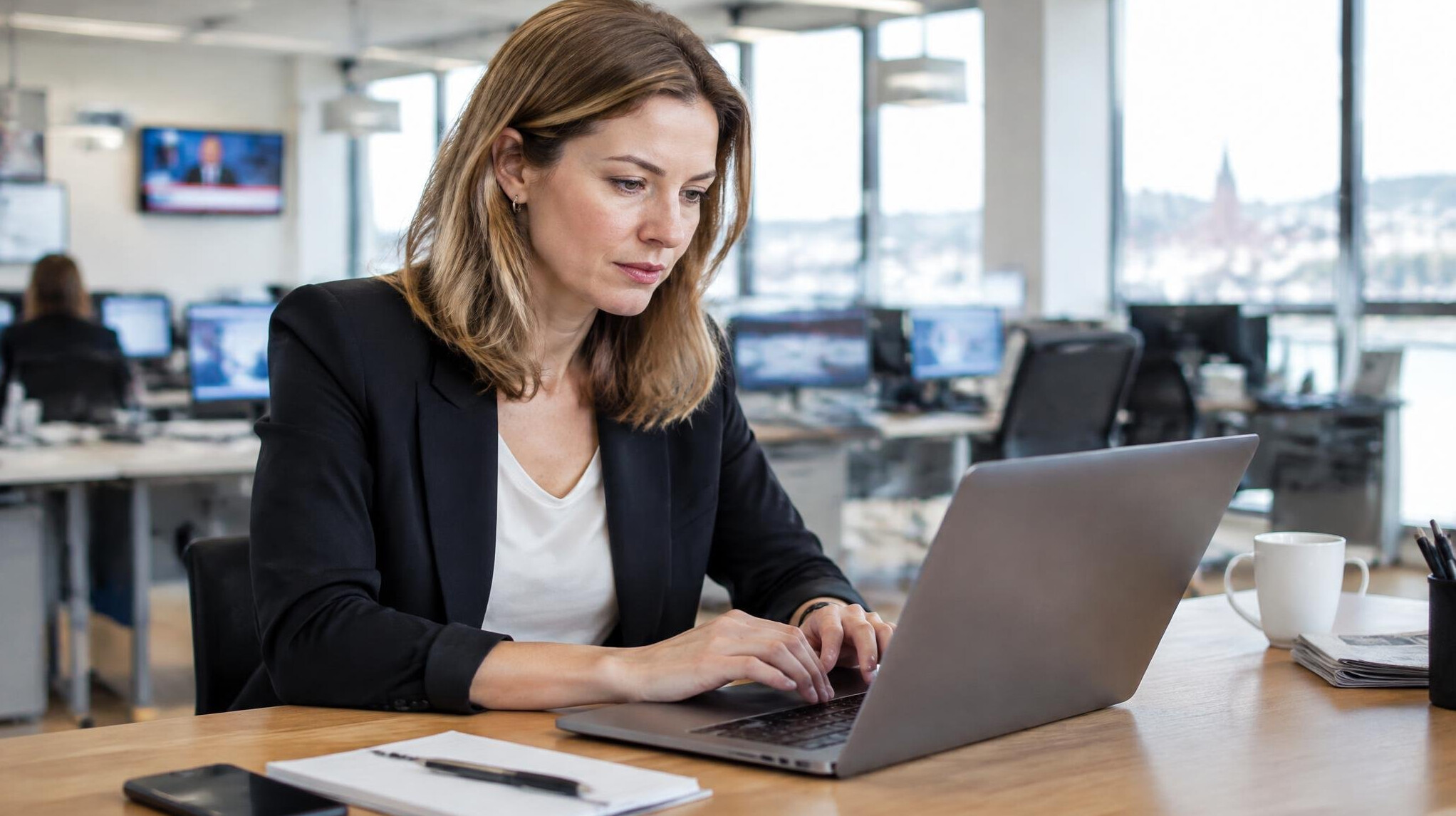 Female journalist writing at her desk in a newsroom